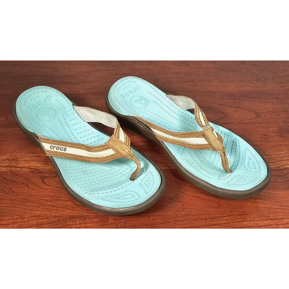 Crocs Sandals Womens Sz 10 Flip Flop Thong Brown Suede Toe Post Slip On Comfort - Picture 3 of 9